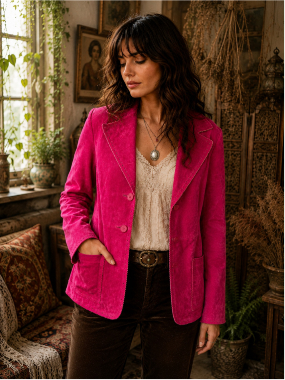 April Cornell Jacket Women M Suede Leather Whimsigoth Prairie Boho Fuchsia Pink